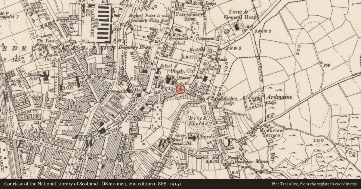Ordnance Survey six-inch map, 2nd edition (1888–1915) covering the location of 23 Sandy's Street, Carneyhogue, Newry, Mourne and Down, with a pin at the register's coordinates