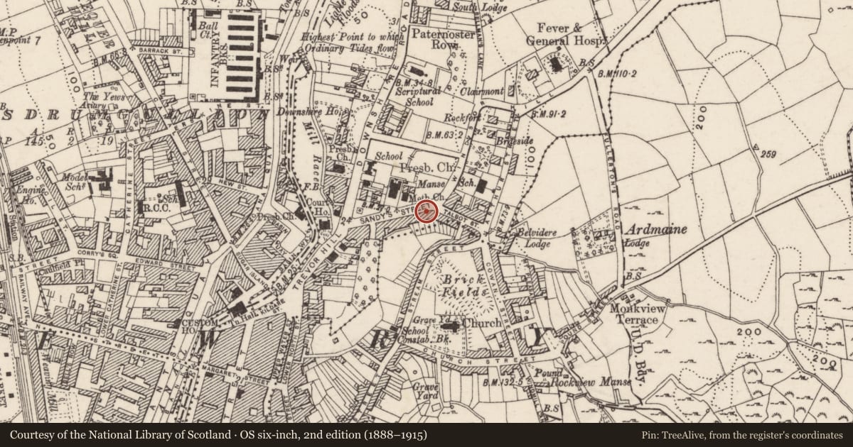 Ordnance Survey six-inch map, 2nd edition (1888–1915) covering the location of 24 Sandy's Street, Carneyhough, Newry, Mourne and Down, with a pin at the register's coordinates