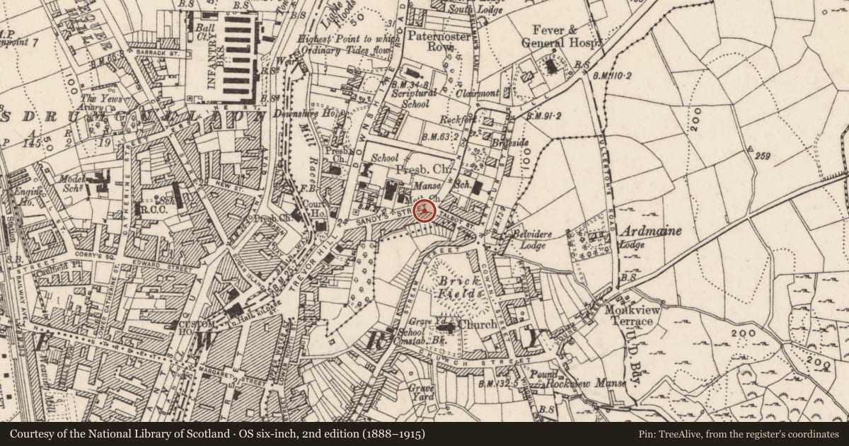 Ordnance Survey six-inch map, 2nd edition (1888–1915) covering the location of 25 Sandy's Street, Carneyhough, Newry, Mourne and Down, with a pin at the register's coordinates