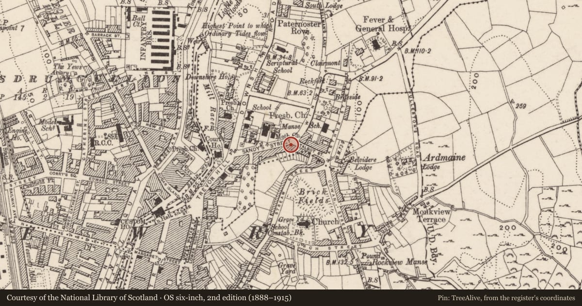Ordnance Survey six-inch map, 2nd edition (1888–1915) covering the location of 26 Sandy's Street, Carneyhough, Newry, Mourne and Down, with a pin at the register's coordinates