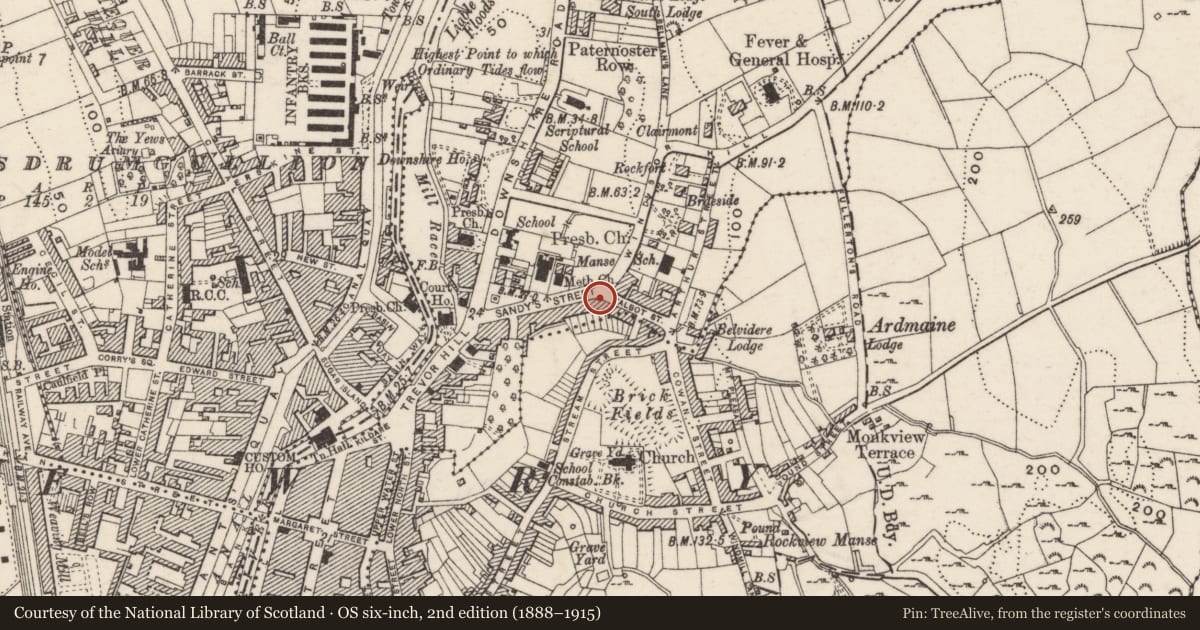 Ordnance Survey six-inch map, 2nd edition (1888–1915) covering the location of 27 Sandy's Street, Carneyhough, Newry, Mourne and Down, with a pin at the register's coordinates
