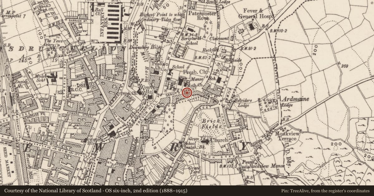 Ordnance Survey six-inch map, 2nd edition (1888–1915) covering the location of 18 Sandys Street, Newry, Co Down, Newry, Mourne and Down, with a pin at the register's coordinates