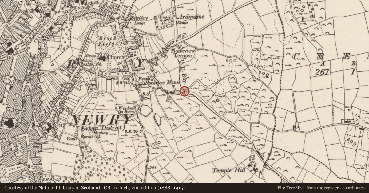 Ordnance Survey six-inch map, 2nd edition (1888–1915) covering the location of Boundary Post near 4D Temple Hill Road Newry Co Down BT34 2LS, Ballynacraig, Newry, Mourne and Down, with a pin at the register's coordinates
