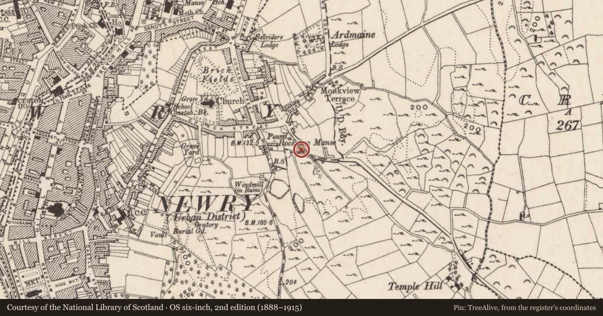 Ordnance Survey six-inch map, 2nd edition (1888–1915) covering the location of Boundary Post near 3 Temple Hill Road Newry Co Down BT34 2LR, Ballynacraig, Newry, Mourne and Down, with a pin at the register's coordinates