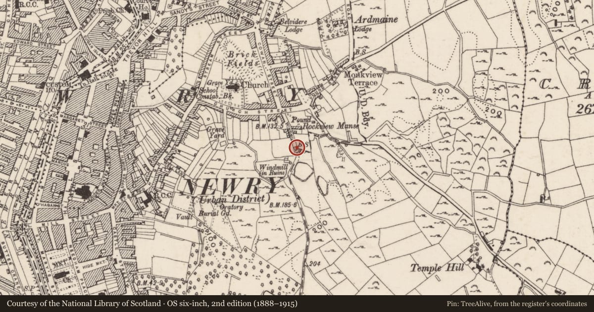 Ordnance Survey six-inch map, 2nd edition (1888–1915) covering the location of Boundary Post near 23 The Manse Windmill Road Newry Co Down BT34 2AT, Ballynacraig, Newry, Mourne and Down, with a pin at the register's coordinates