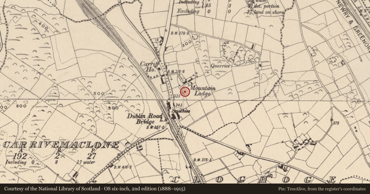 Ordnance Survey six-inch map, 2nd edition (1888–1915) covering the location of Parochial House, Drumalane, Newry, Mourne and Down, with a pin at the register's coordinates