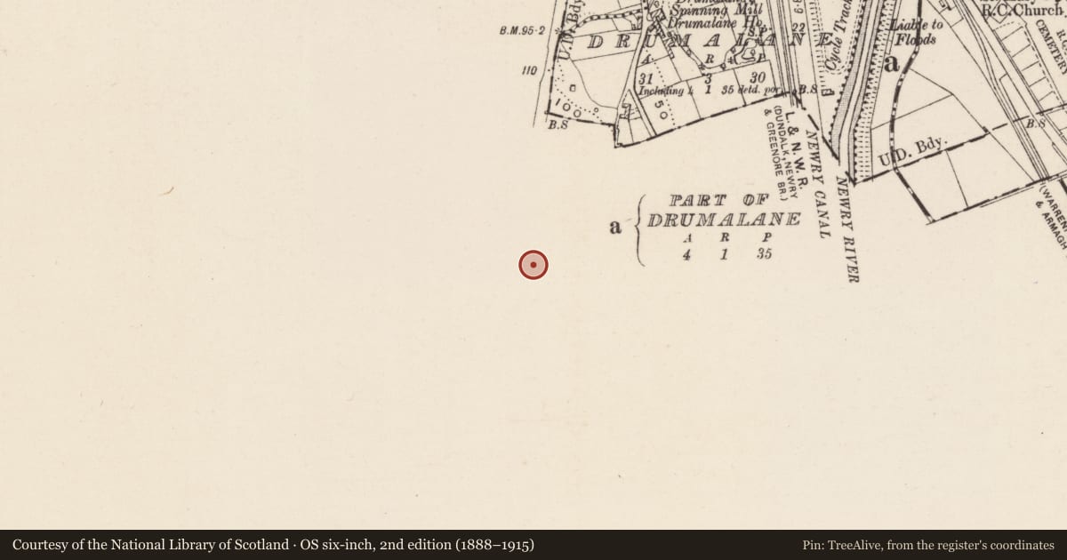 Ordnance Survey six-inch map, 2nd edition (1888–1915) covering the location of 80 Dublin Road, Drumalane, Newry, Mourne and Down, with a pin at the register's coordinates