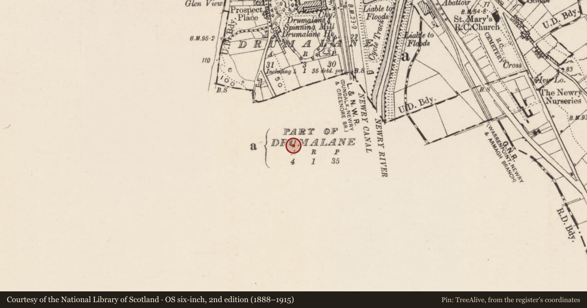 Ordnance Survey six-inch map, 2nd edition (1888–1915) covering the location of 69-79 Dublin Road, Drumalane, Newry, Mourne and Down, with a pin at the register's coordinates