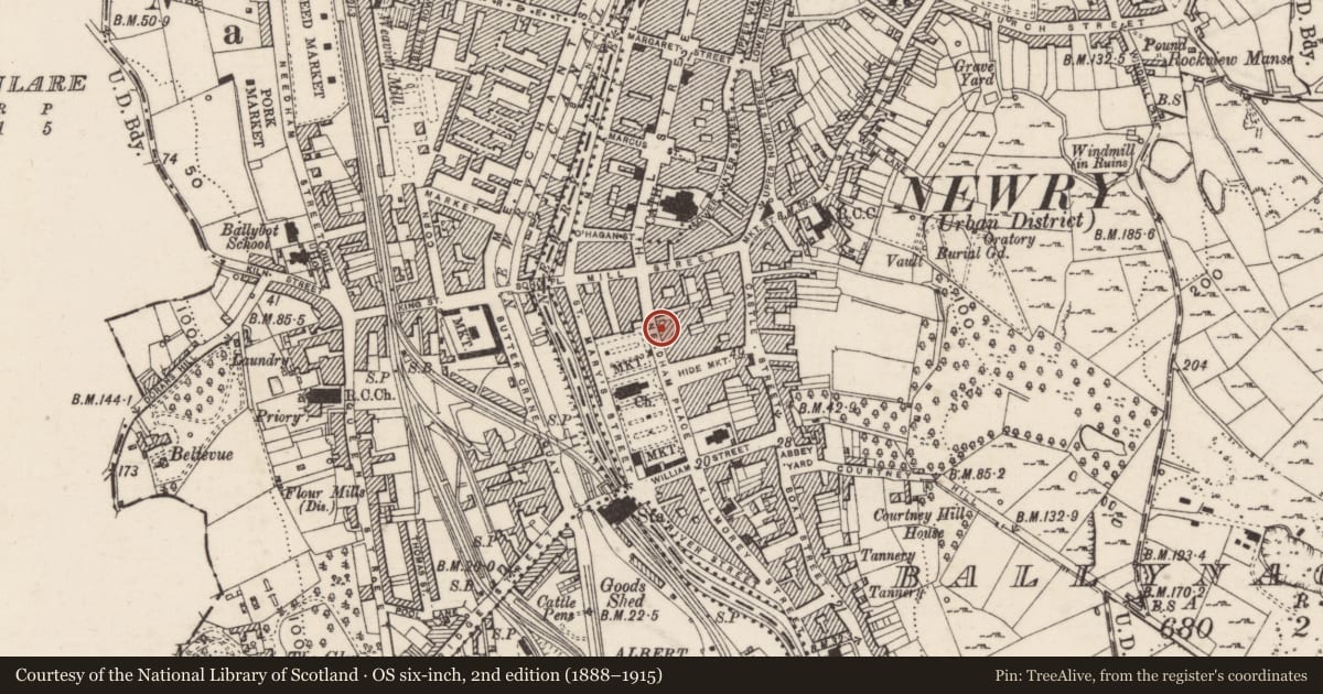 Ordnance Survey six-inch map, 2nd edition (1888–1915) covering the location of Connor’s Chemist, Ballynacraig, Newry, Mourne and Down, with a pin at the register's coordinates