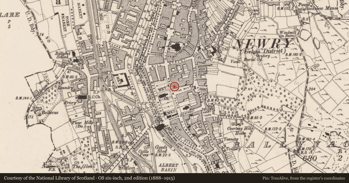 Ordnance Survey six-inch map, 2nd edition (1888–1915) covering the location of Fisher and Fisher Solicitors, Ballynacraig, Newry, Mourne and Down, with a pin at the register's coordinates