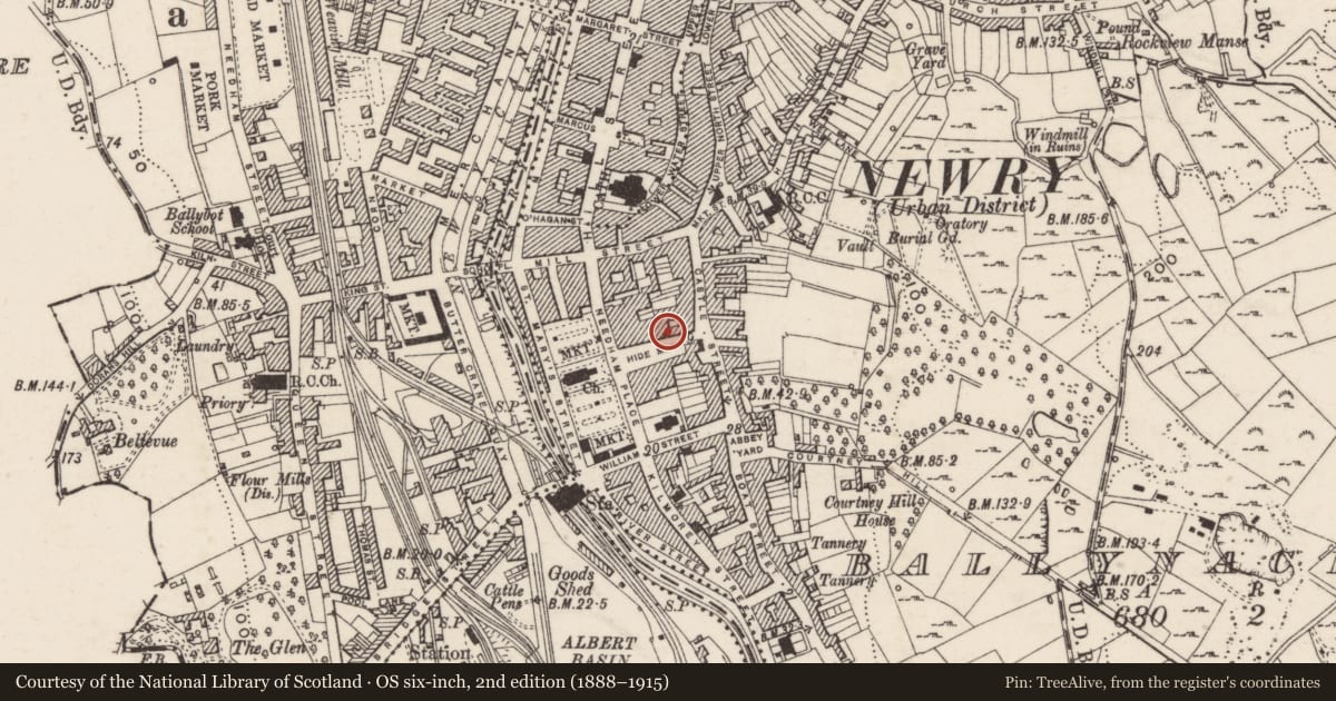 Ordnance Survey six-inch map, 2nd edition (1888–1915) covering the location of 7 St. Colman’s Park, Ballynacraig, Newry, Mourne and Down, with a pin at the register's coordinates