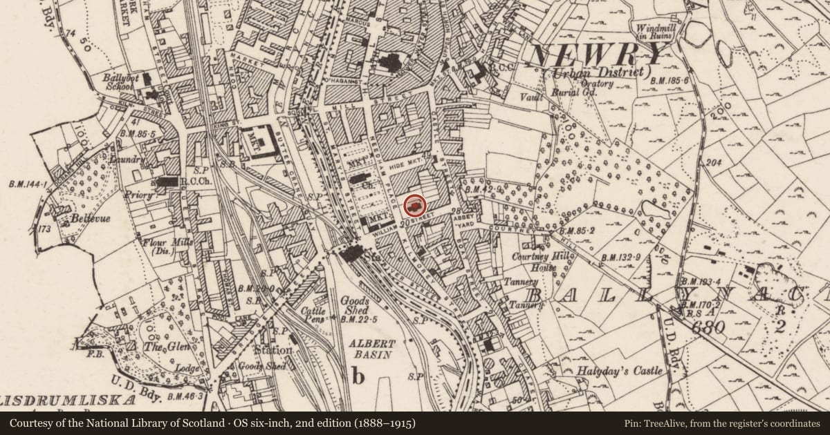 Ordnance Survey six-inch map, 2nd edition (1888–1915) covering the location of First Non- Subscribing Presbyterian Church, Ballynacraig, Newry, Mourne and Down, with a pin at the register's coordinates