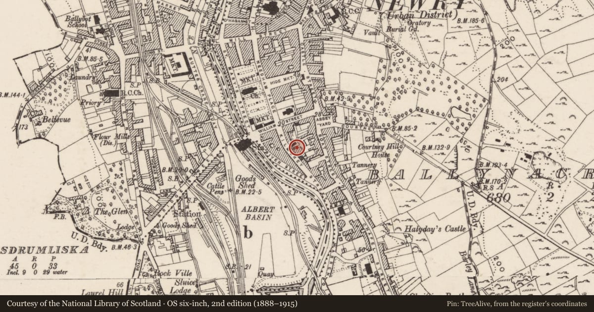 Ordnance Survey six-inch map, 2nd edition (1888–1915) covering the location of 22 Kilmorey Street, Ballynacraig, Newry, Mourne and Down, with a pin at the register's coordinates