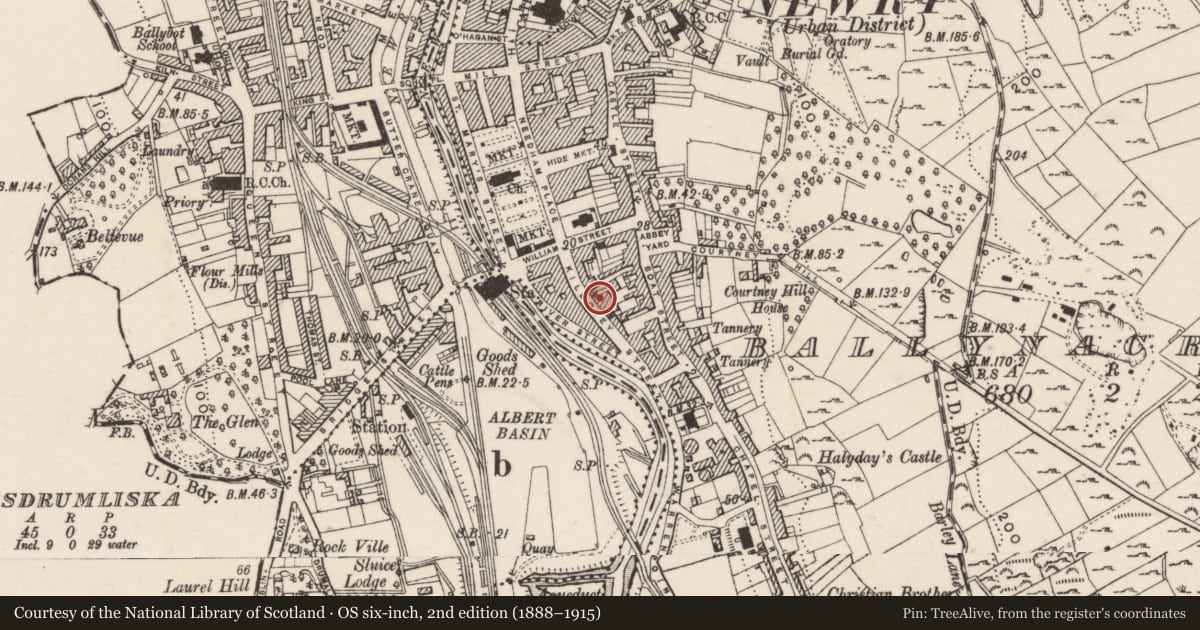 Ordnance Survey six-inch map, 2nd edition (1888–1915) covering the location of 24 Kilmorey Street, Ballynacraig, Newry, Mourne and Down, with a pin at the register's coordinates