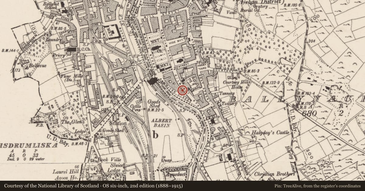 Ordnance Survey six-inch map, 2nd edition (1888–1915) covering the location of 37 Kilmorey Street, Ballynacraig, Newry, Mourne and Down, with a pin at the register's coordinates