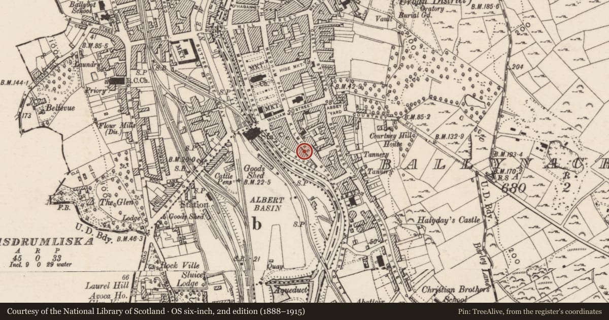 Ordnance Survey six-inch map, 2nd edition (1888–1915) covering the location of 39 Kilmorey Street, Ballynacraig, Newry, Mourne and Down, with a pin at the register's coordinates