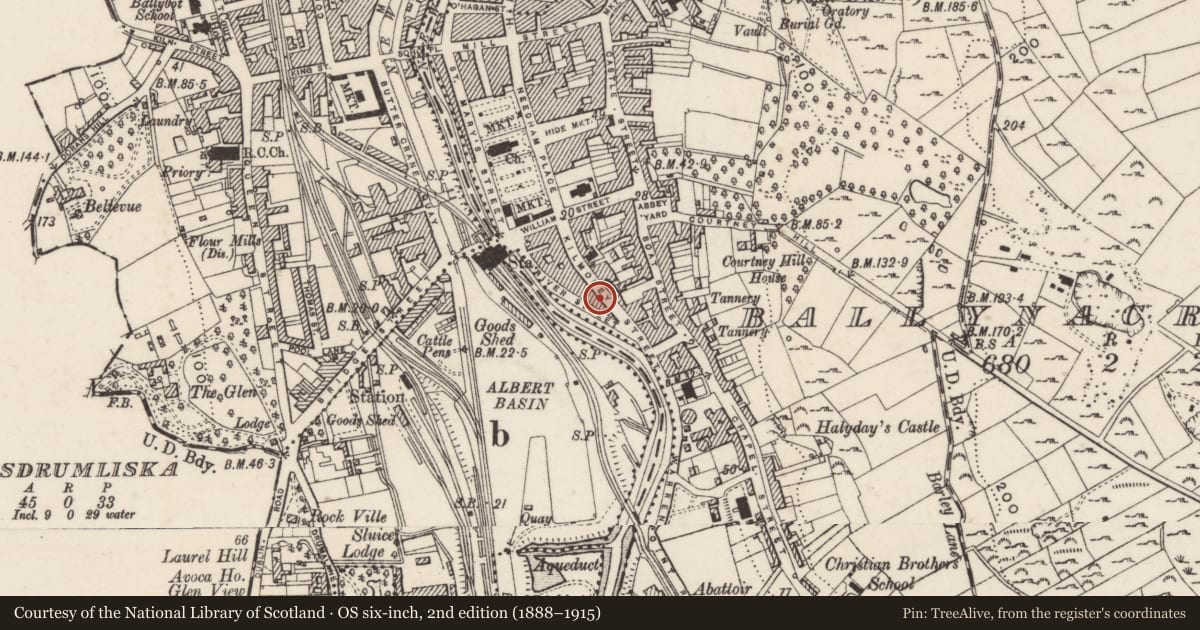 Ordnance Survey six-inch map, 2nd edition (1888–1915) covering the location of 43 Kilmorey Street, Ballynacraig, Newry, Mourne and Down, with a pin at the register's coordinates