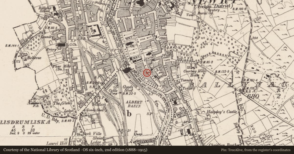 Ordnance Survey six-inch map, 2nd edition (1888–1915) covering the location of 21 Kilmorey Street, Ballynacraig, Newry, Mourne and Down, with a pin at the register's coordinates