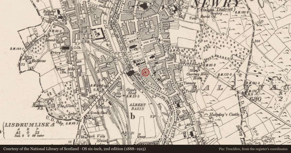 Ordnance Survey six-inch map, 2nd edition (1888–1915) covering the location of The Satellite Café, Ballynacraig, Newry, Mourne and Down, with a pin at the register's coordinates