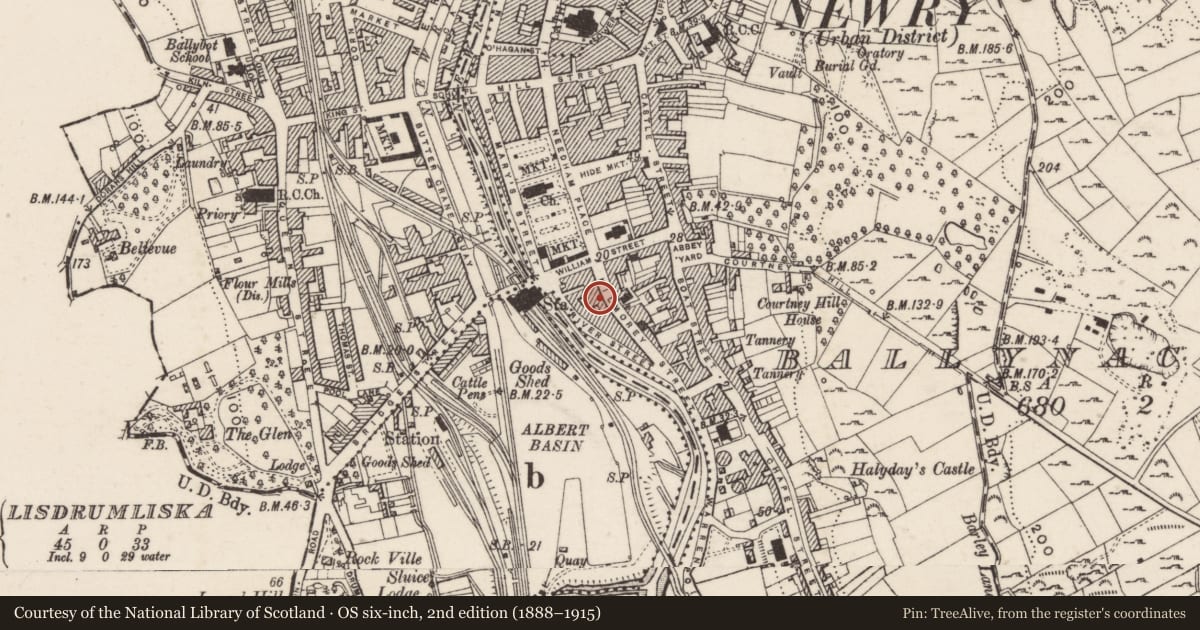 Ordnance Survey six-inch map, 2nd edition (1888–1915) covering the location of McGrath Barbers, Ballynacraig, Newry, Mourne and Down, with a pin at the register's coordinates