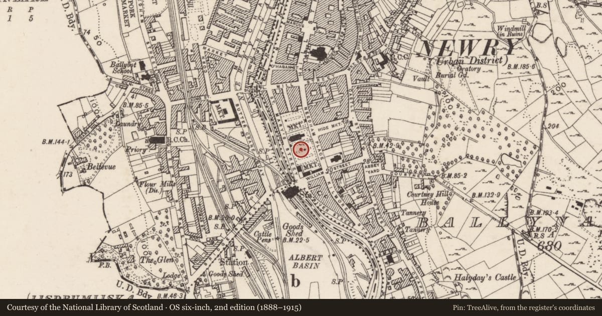 Ordnance Survey six-inch map, 2nd edition (1888–1915) covering the location of Newry Health Centre, Ballynacraig, Newry, Mourne and Down, with a pin at the register's coordinates