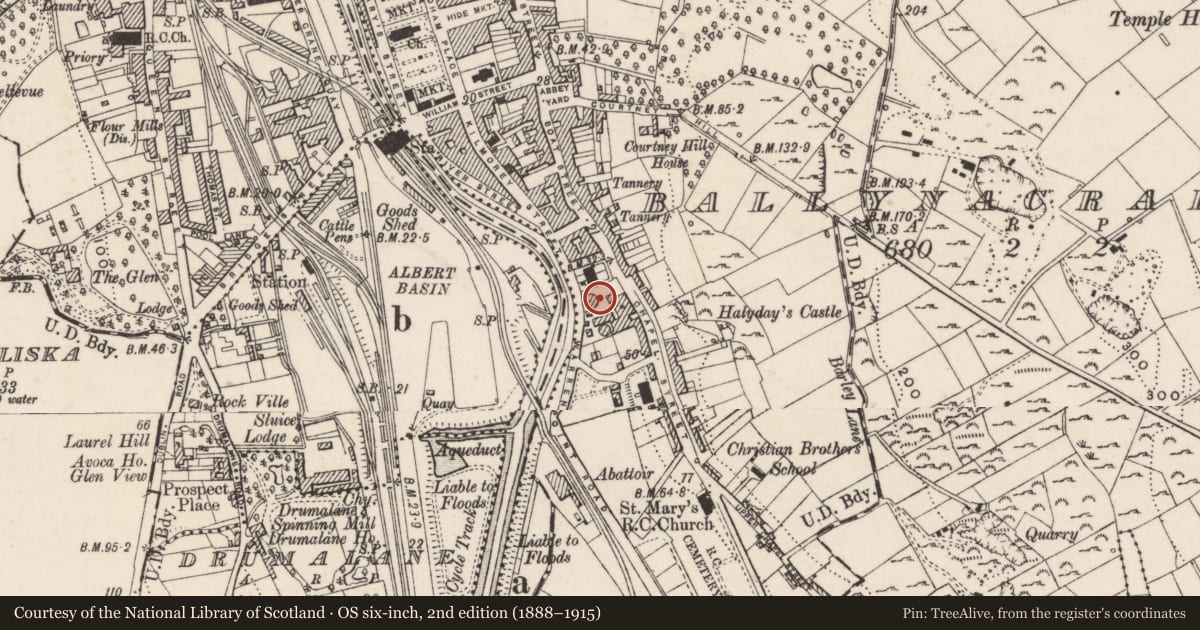 Ordnance Survey six-inch map, 2nd edition (1888–1915) covering the location of Office Building, Ballynacraig, Newry, Mourne and Down, with a pin at the register's coordinates