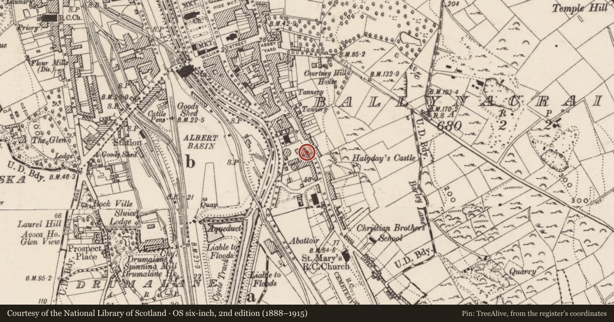 Ordnance Survey six-inch map, 2nd edition (1888–1915) covering the location of Former Coal Shed, Ballynacraig, Newry, Mourne and Down, with a pin at the register's coordinates