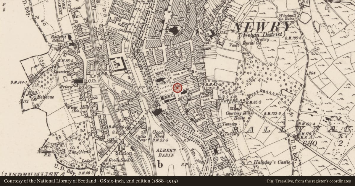 Ordnance Survey six-inch map, 2nd edition (1888–1915) covering the location of Frontier Cinema, Ballynacraig, Newry, Mourne and Down, with a pin at the register's coordinates