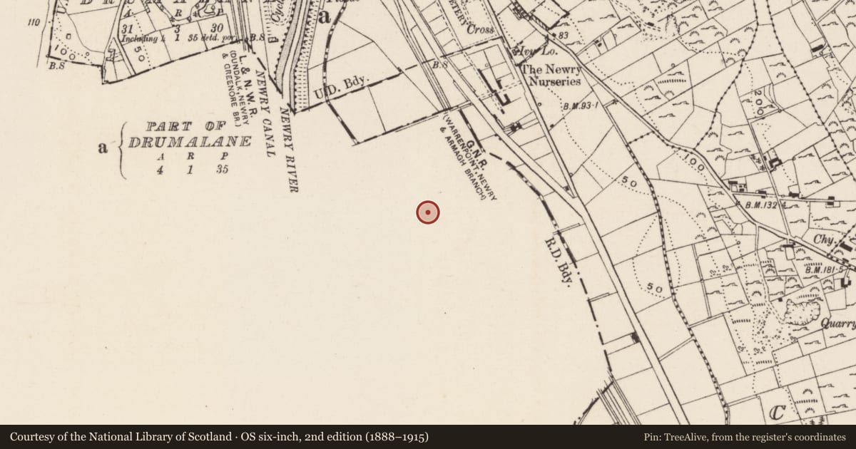 Ordnance Survey six-inch map, 2nd edition (1888–1915) covering the location of Factory, Drumalane, Newry, Mourne and Down, with a pin at the register's coordinates
