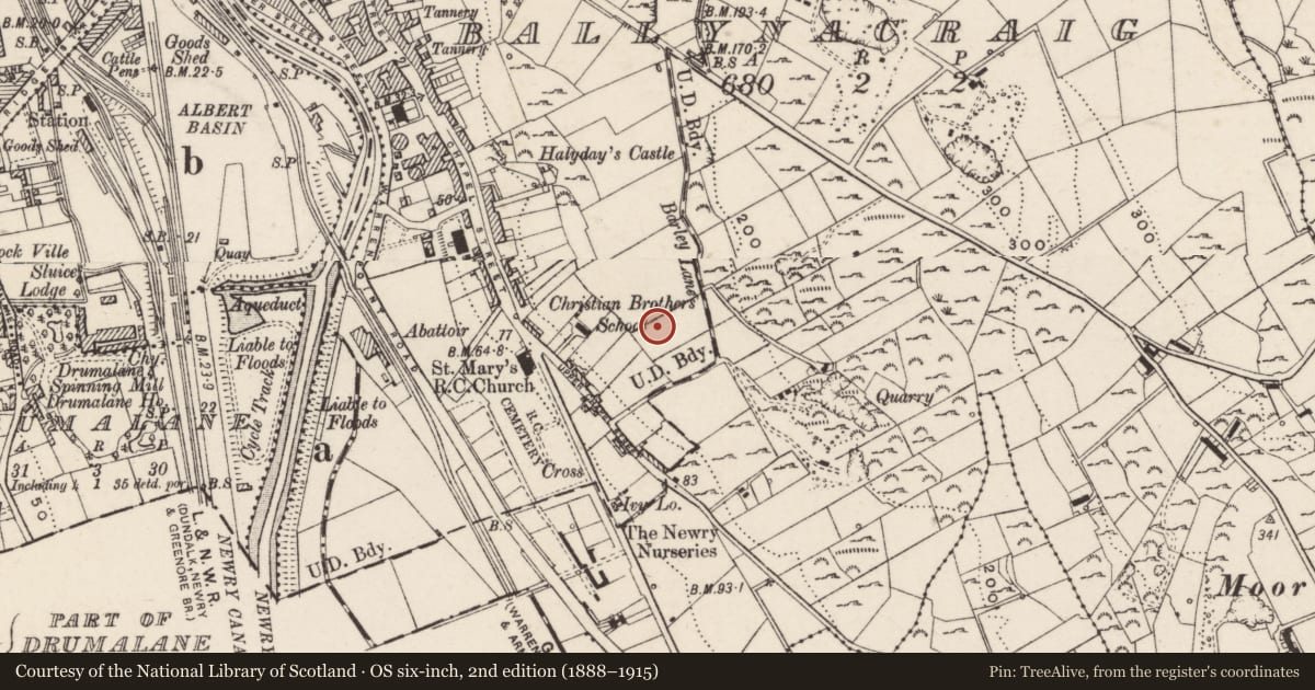 Ordnance Survey six-inch map, 2nd edition (1888–1915) covering the location of 1-42 O’Neill Avenue, Ballynacraig, Newry, Mourne and Down, with a pin at the register's coordinates