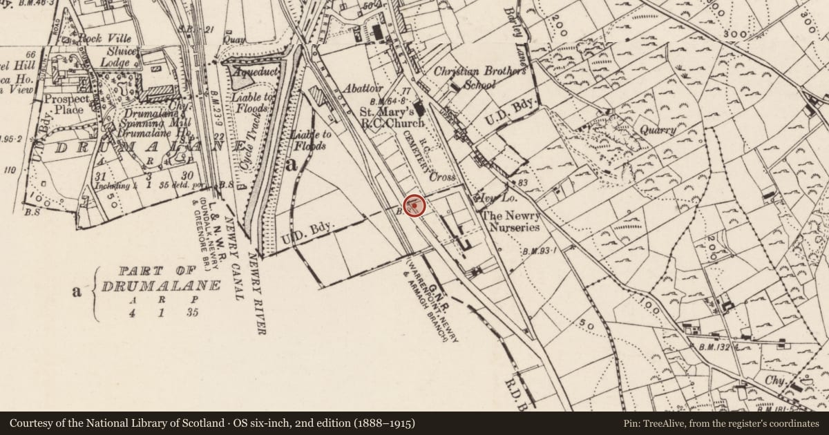 Ordnance Survey six-inch map, 2nd edition (1888–1915) covering the location of Boundary Marker, Ballynacraig, Newry, Mourne and Down, with a pin at the register's coordinates