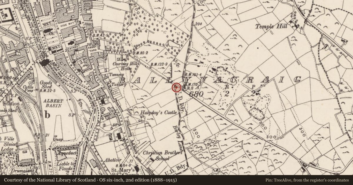 Ordnance Survey six-inch map, 2nd edition (1888–1915) covering the location of Boundary Post near 1 Hawthorn Villas Barley Lane Newry Co Down BT34 2AD, Ballynacraig, Newry, Mourne and Down, with a pin at the register's coordinates