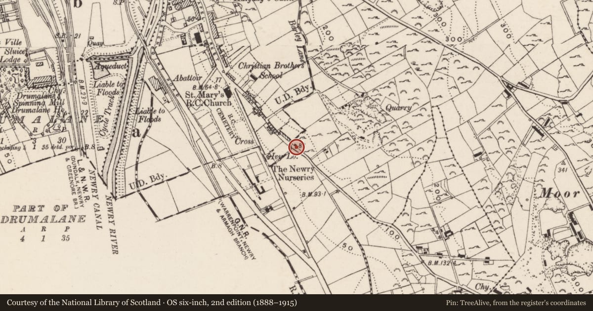 Ordnance Survey six-inch map, 2nd edition (1888–1915) covering the location of Boundary Post near 12 Carnagh Park Chapel Road Newry Co Down BT34 2QR, Ballynacraig, Newry, Mourne and Down, with a pin at the register's coordinates