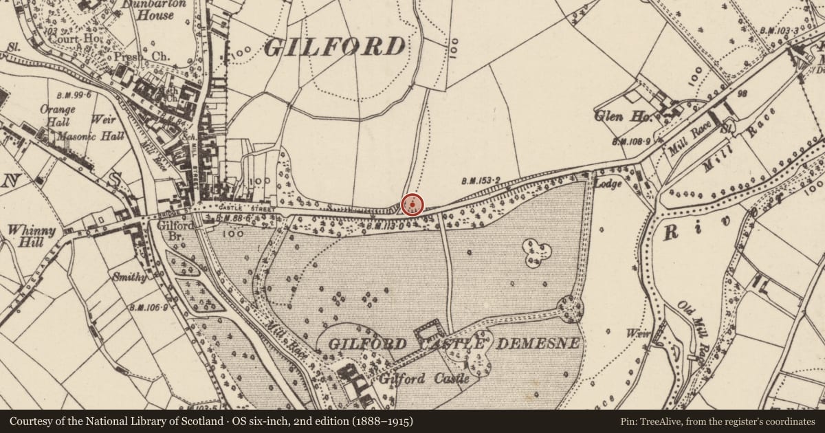 Ordnance Survey six-inch map, 2nd edition (1888–1915) covering the location of Gate Screen, Drumaran, Armagh City, Banbridge and Craigavon, with a pin at the register's coordinates