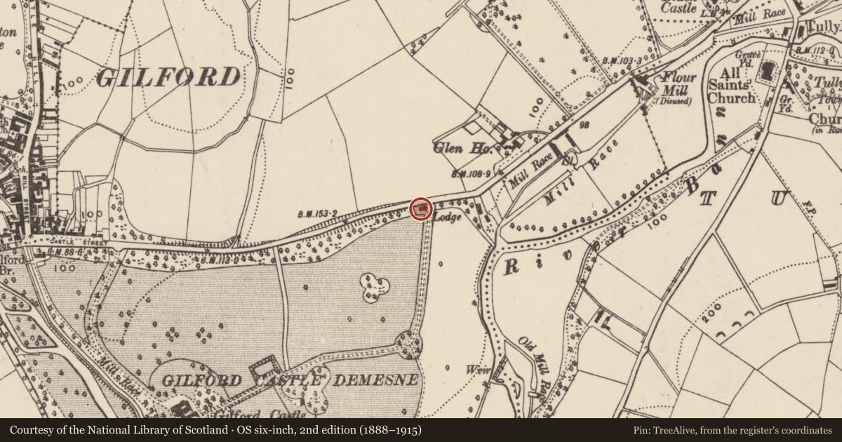 Ordnance Survey six-inch map, 2nd edition (1888–1915) covering the location of East Lodge, Drumaran, Armagh City, Banbridge and Craigavon, with a pin at the register's coordinates