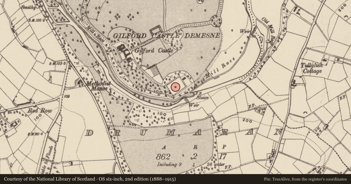 Ordnance Survey six-inch map, 2nd edition (1888–1915) covering the location of Walled Garden, Drumaran, Armagh City, Banbridge and Craigavon, with a pin at the register's coordinates
