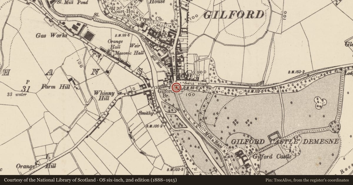 Ordnance Survey six-inch map, 2nd edition (1888–1915) covering the location of War Memorial, Armagh City, Banbridge and Craigavon, with a pin at the register's coordinates