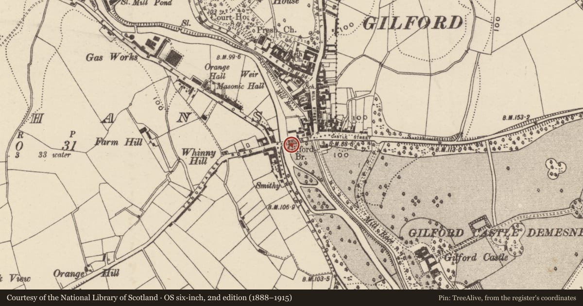Ordnance Survey six-inch map, 2nd edition (1888–1915) covering the location of Gilford Bridge, Drumaran/Loughhans, Armagh City, Banbridge and Craigavon, with a pin at the register's coordinates