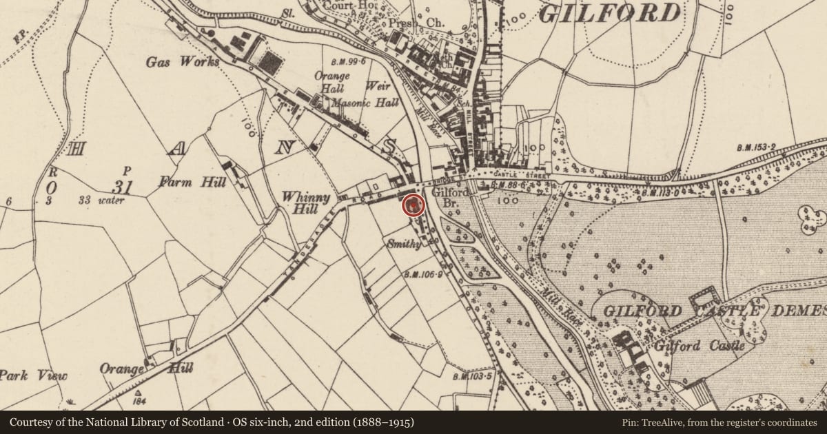 Ordnance Survey six-inch map, 2nd edition (1888–1915) covering the location of 6-18 Wall Road, Armagh City, Banbridge and Craigavon, with a pin at the register's coordinates