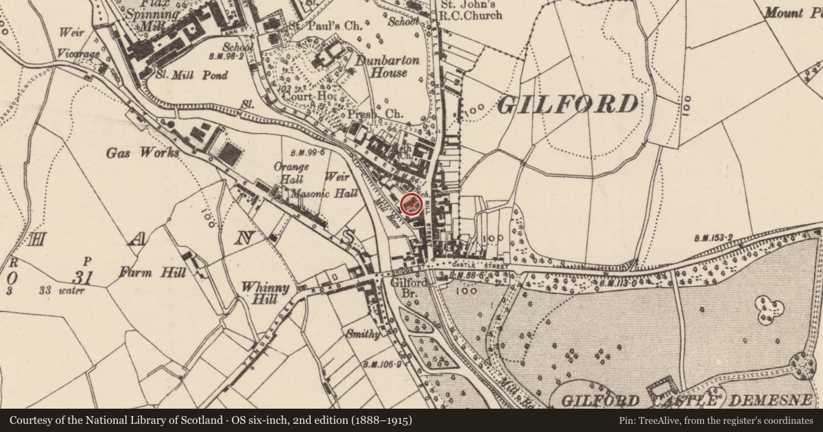 Ordnance Survey six-inch map, 2nd edition (1888–1915) covering the location of Gilford Library, Loughans, Armagh City, Banbridge and Craigavon, with a pin at the register's coordinates