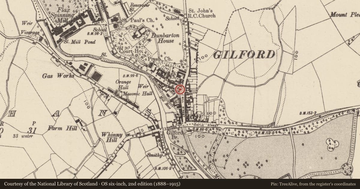 Ordnance Survey six-inch map, 2nd edition (1888–1915) covering the location of 'Centre Feature' of Traffic Island, Armagh City, Banbridge and Craigavon, with a pin at the register's coordinates