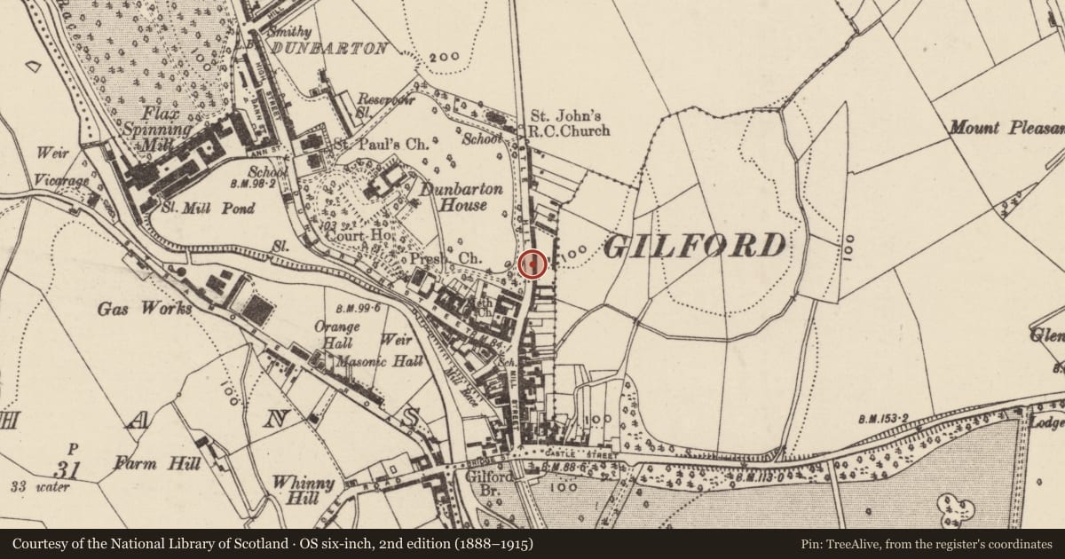 Ordnance Survey six-inch map, 2nd edition (1888–1915) covering the location of Castle Hill, Armagh City, Banbridge and Craigavon, with a pin at the register's coordinates
