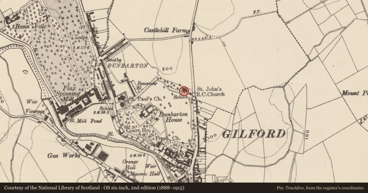 Ordnance Survey six-inch map, 2nd edition (1888–1915) covering the location of St John's Roman Catholic Church, Loughans, Armagh City, Banbridge and Craigavon, with a pin at the register's coordinates