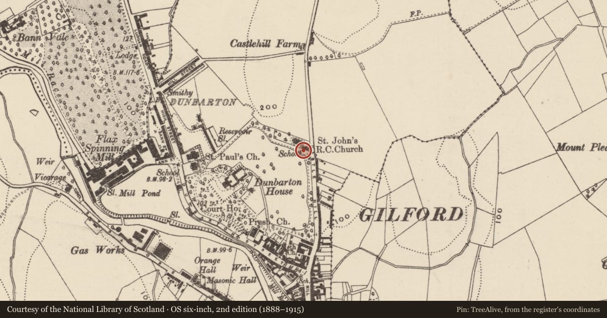 Ordnance Survey six-inch map, 2nd edition (1888–1915) covering the location of Former National School, St John's Roman Catholic Church, Castle Hill, Gilford, Co Down, Loughans, Armagh City, Banbridge and Craigavon, with a pin at the register's coordinates