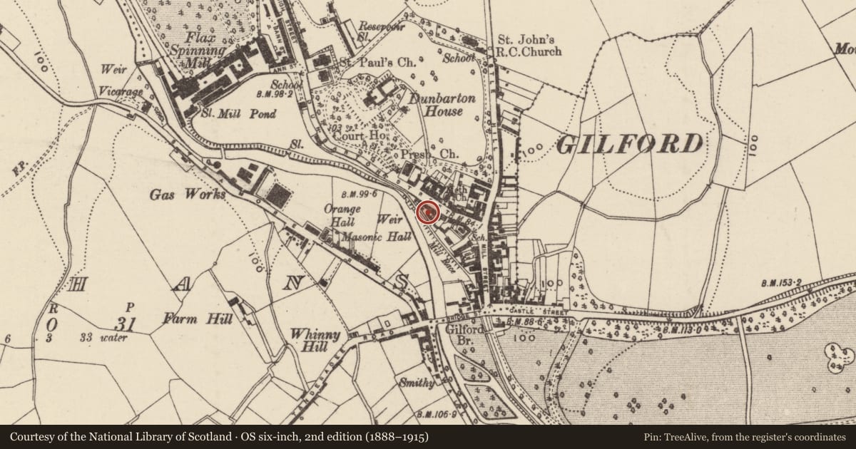 Ordnance Survey six-inch map, 2nd edition (1888–1915) covering the location of Dunbarton Street, Armagh City, Banbridge and Craigavon, with a pin at the register's coordinates