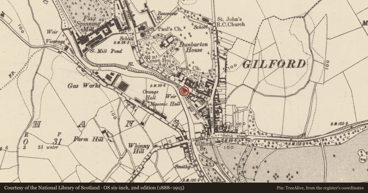 Ordnance Survey six-inch map, 2nd edition (1888–1915) covering the location of 51 Dunbarton Street, Loughans, Armagh City, Banbridge and Craigavon, with a pin at the register's coordinates