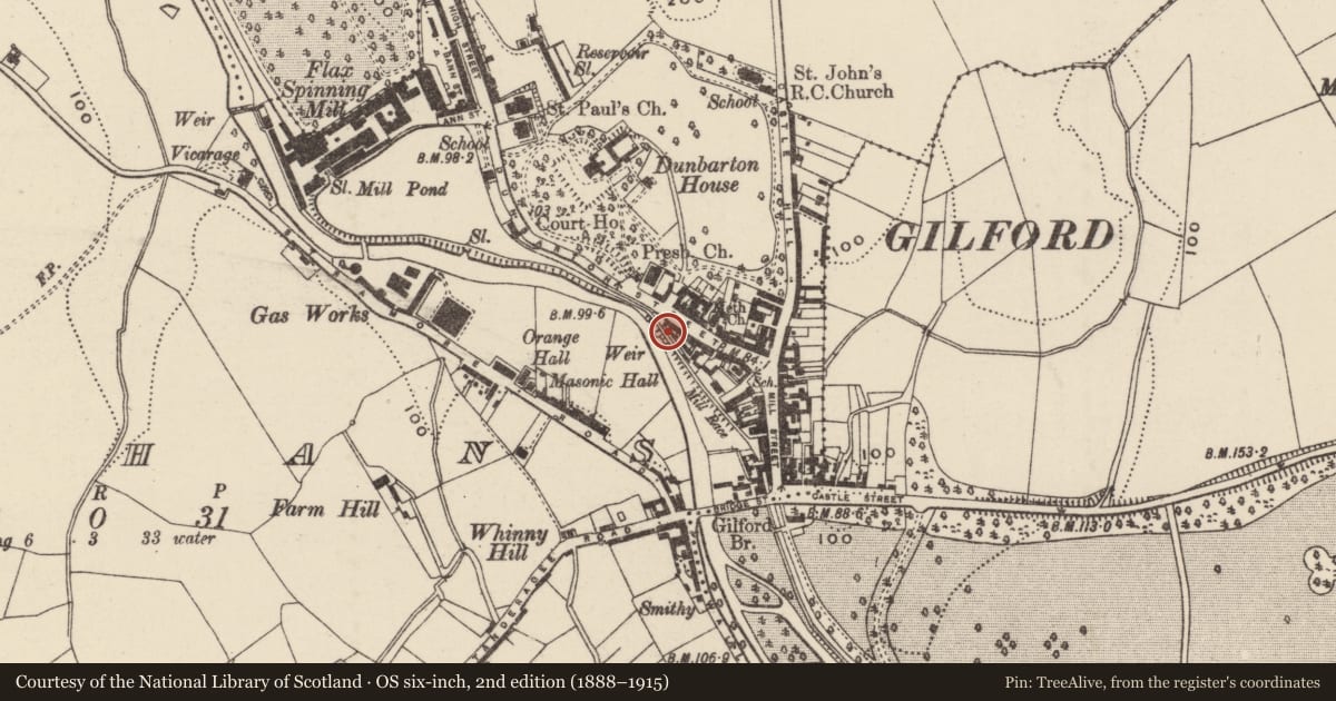 Ordnance Survey six-inch map, 2nd edition (1888–1915) covering the location of 53 Dunbarton Street, Loughans, Armagh City, Banbridge and Craigavon, with a pin at the register's coordinates