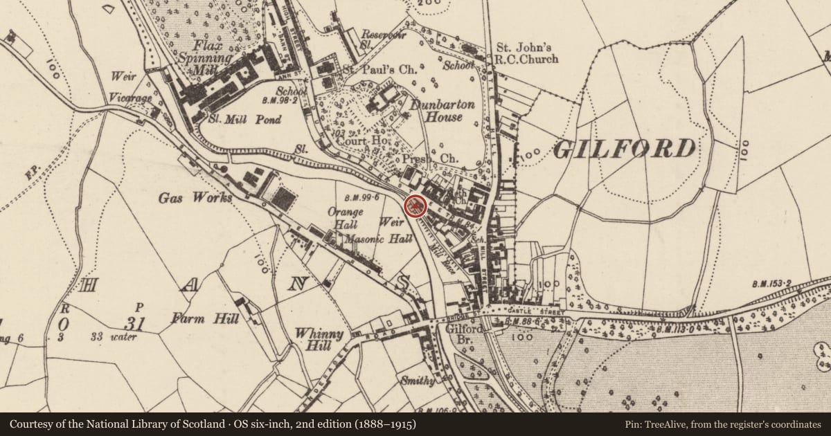 Ordnance Survey six-inch map, 2nd edition (1888–1915) covering the location of 55 Dunbarton Street, Loughans, Armagh City, Banbridge and Craigavon, with a pin at the register's coordinates