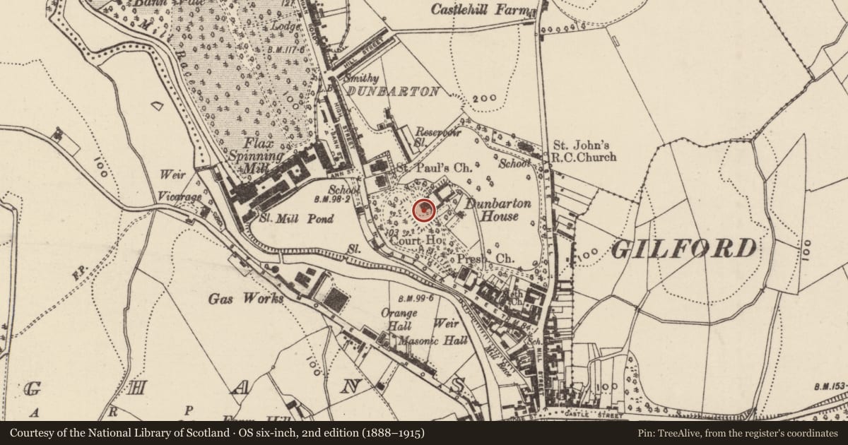 Ordnance Survey six-inch map, 2nd edition (1888–1915) covering the location of Dunbarton House, Loughans, Armagh City, Banbridge and Craigavon, with a pin at the register's coordinates