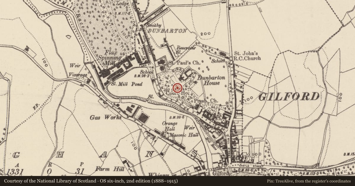 Ordnance Survey six-inch map, 2nd edition (1888–1915) covering the location of WWII Shelter, Loughans, Armagh City, Banbridge and Craigavon, with a pin at the register's coordinates
